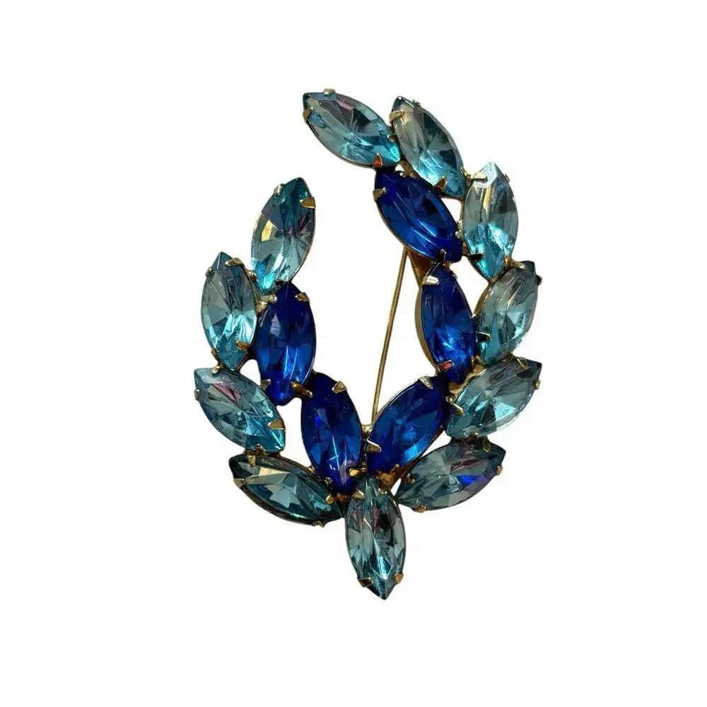 JULIANA D&E Aqua Deep Blue Glass Baguette Rhinestones Leaf Brooch Pin Vintage